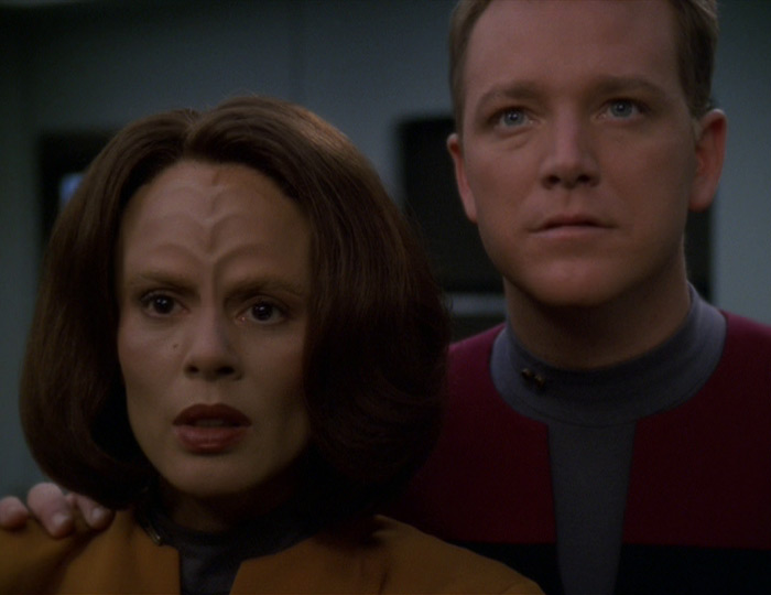 B'Elanna and Tom look concerned