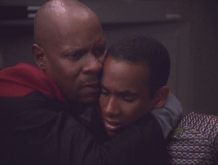 Sisko and Jake embrace after being reunited